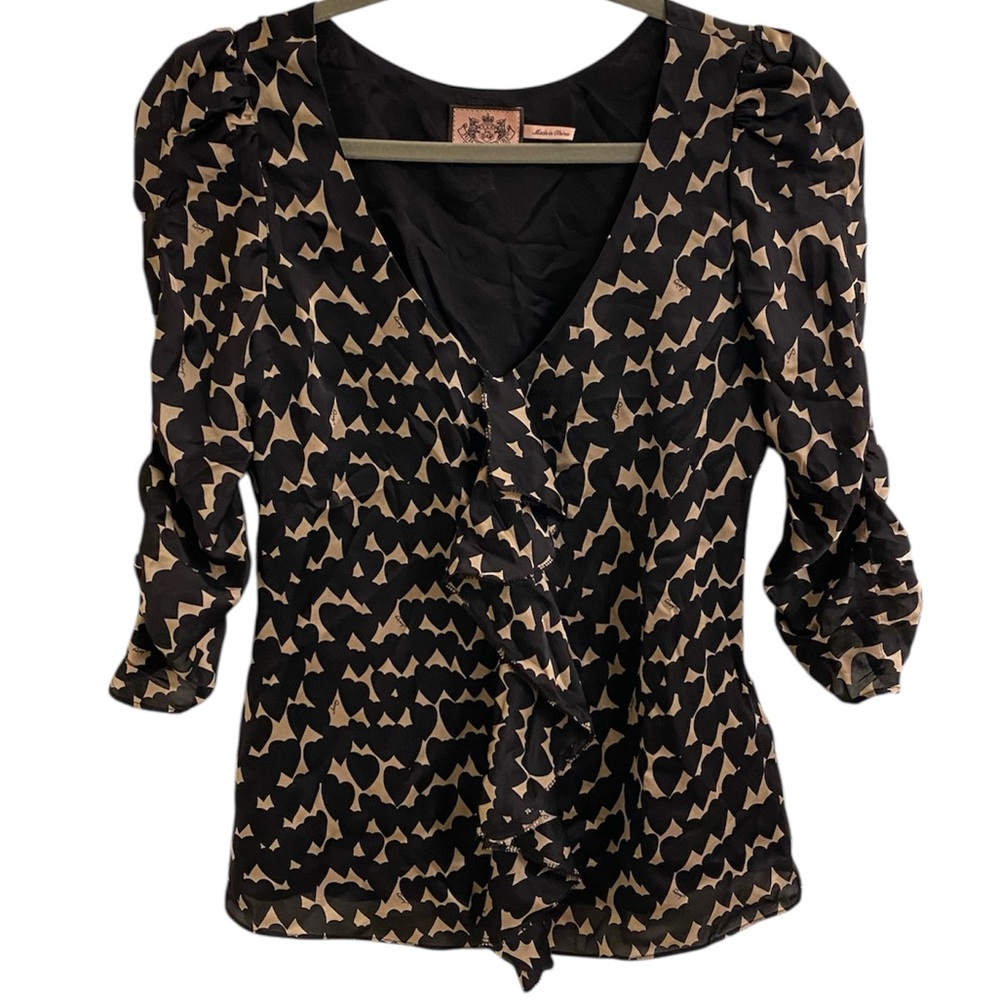 VINTAGE Y2K JUICY COUTURE 100% SILK HEARTS BLOUSE SIZE 0 RUFFLED ROMANTIC TOP XS